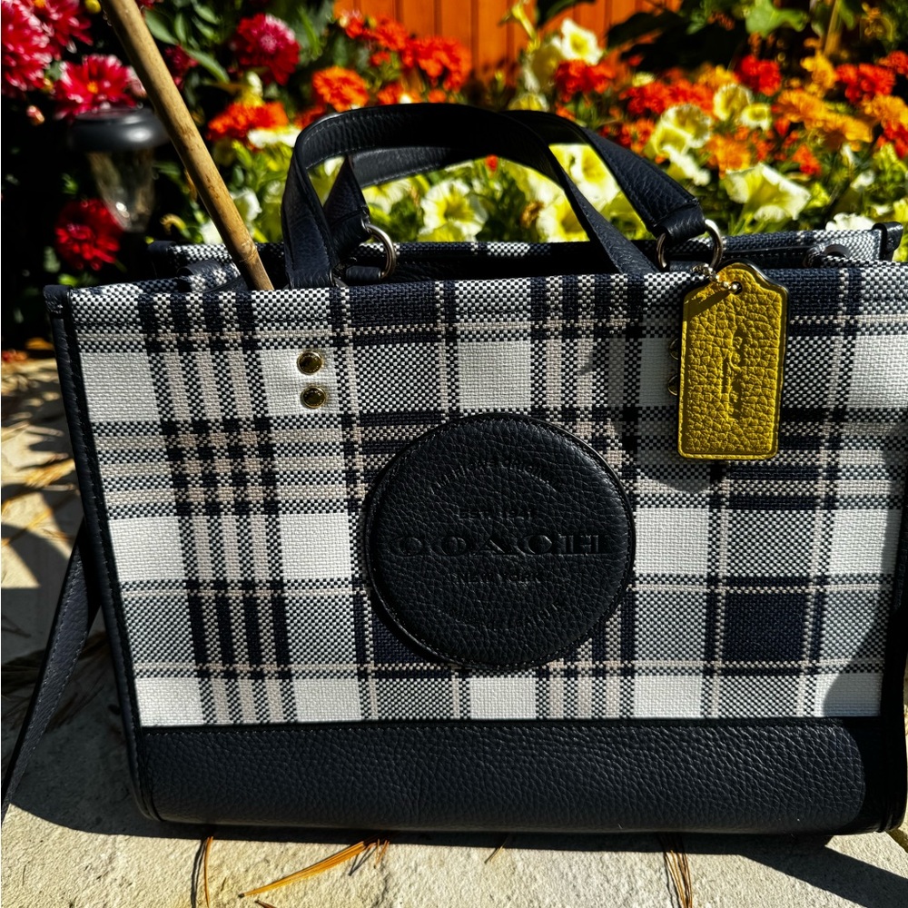 Coach Navy and White Dempsey Plaid Bag